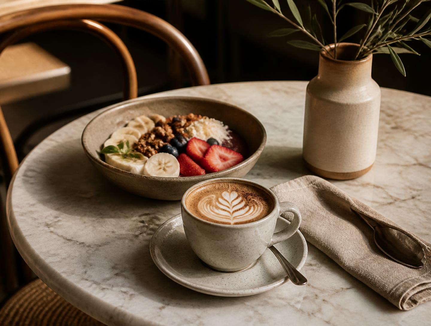 A marble café table in Barcelona set with a cappuccino, a fruit and granola bowl and olive branches