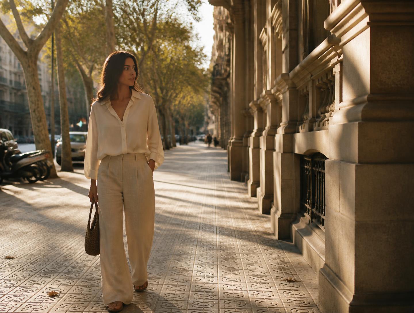 A woman in linen walking a tree-lined modernist street in Eixample, Barcelona, in late afternoon light