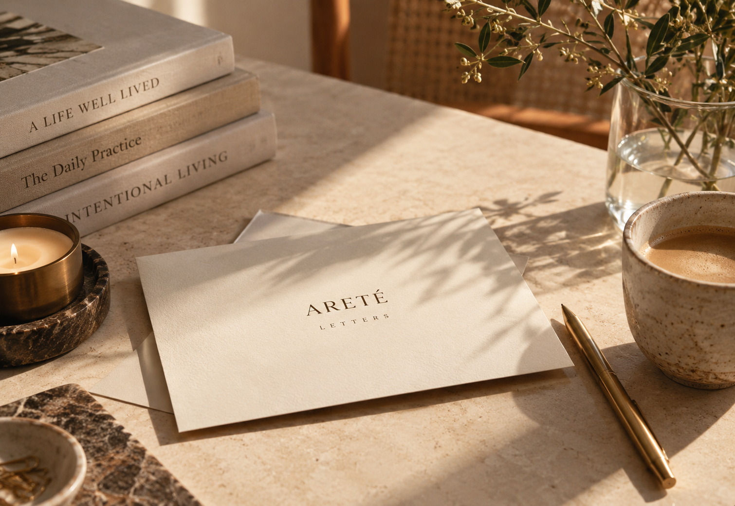 An Areté Letters card on a sunlit stone table beside stacked books, a candle, coffee and olive branches