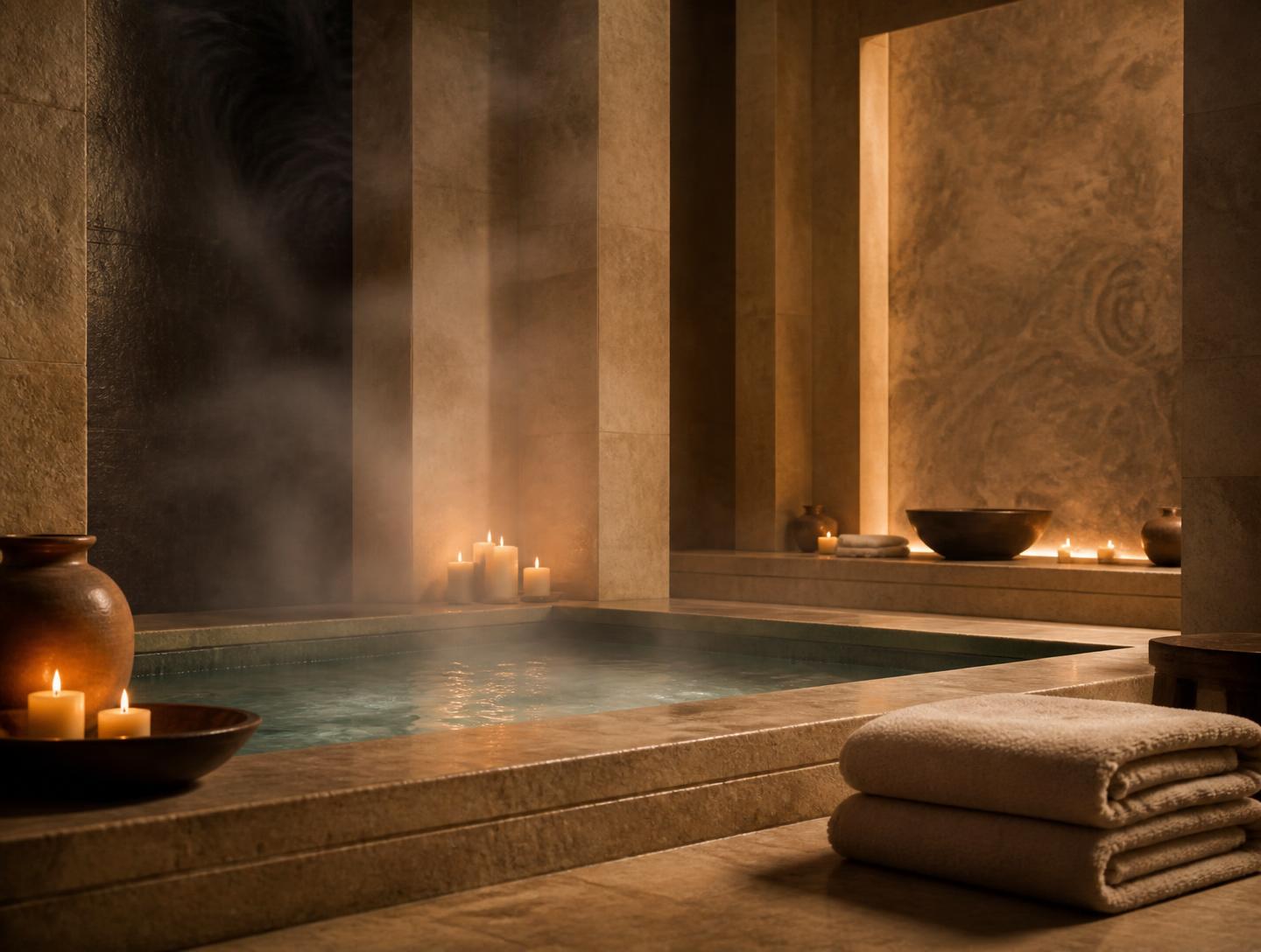 A candlelit stone thermal pool with steam and folded linen towels in a warm travertine spa