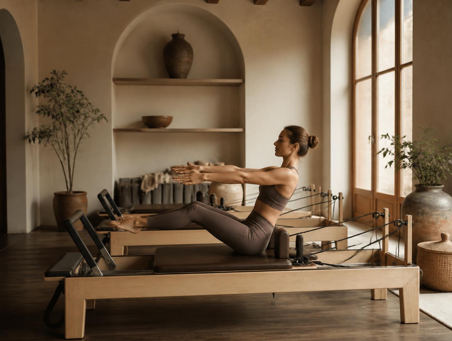 A woman practising reformer pilates in a calm, light-filled studio with warm ivory walls