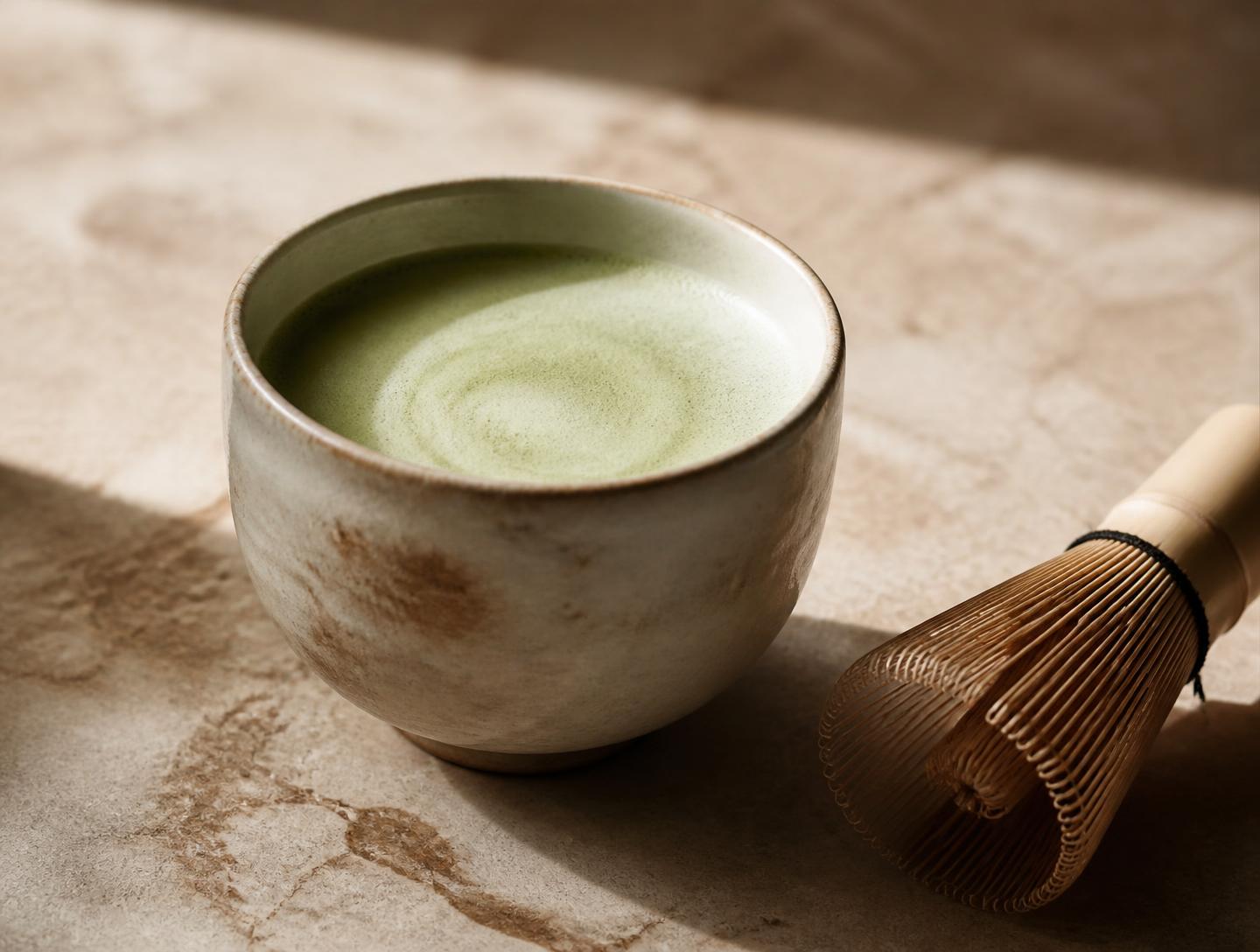 A ceremonial matcha latte in a handmade ceramic bowl beside a bamboo whisk in warm daylight
