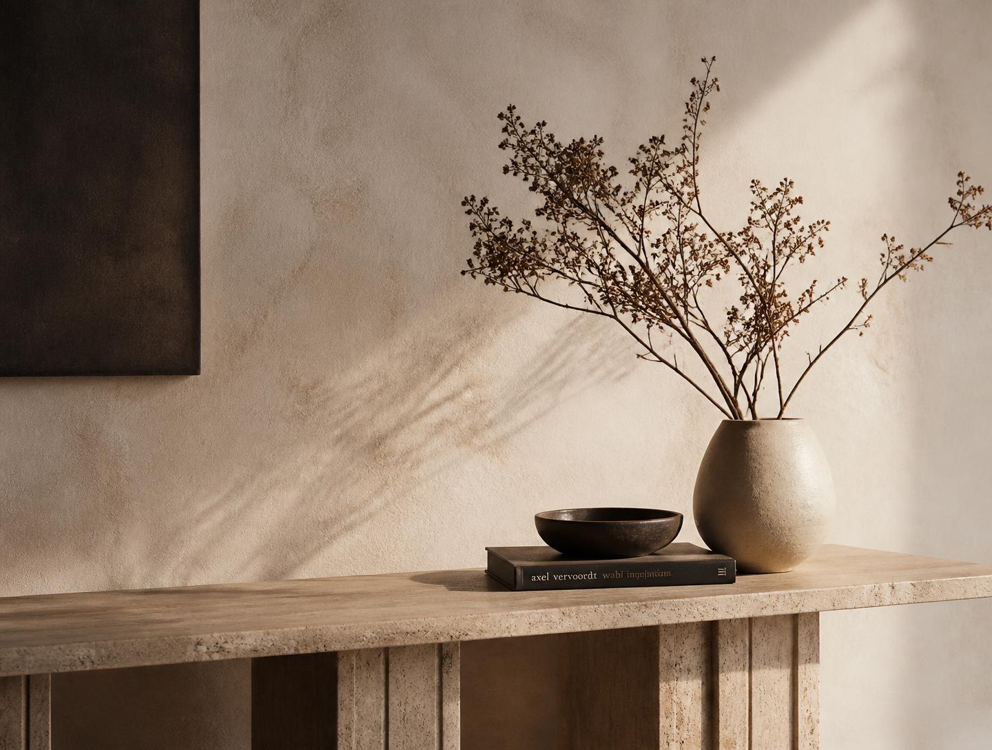 A quiet interior in Barcelona with warm plaster walls, dried branches and soft afternoon light